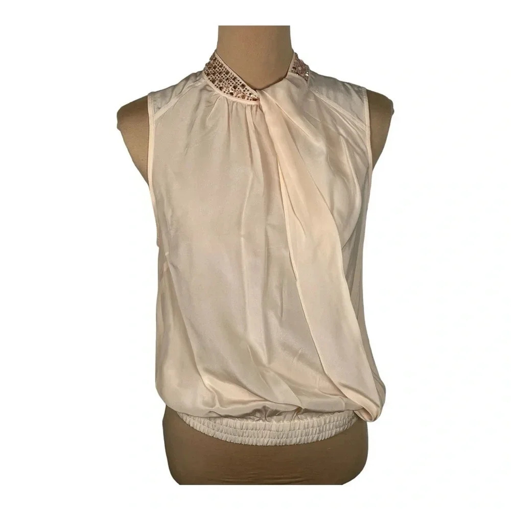 BEBE Sleeveless Jeweled Halter Neck Nude Collar Blouse Small‎